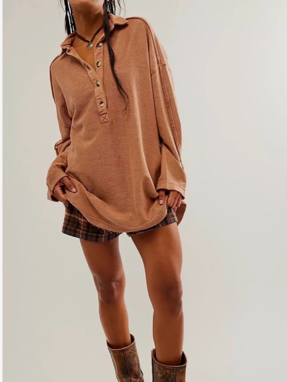 Free People Willow Tunic Polo Oversized Dolman Sleeve Button Pocket Top